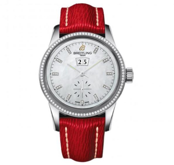 The white dials fake watches have red leather straps.