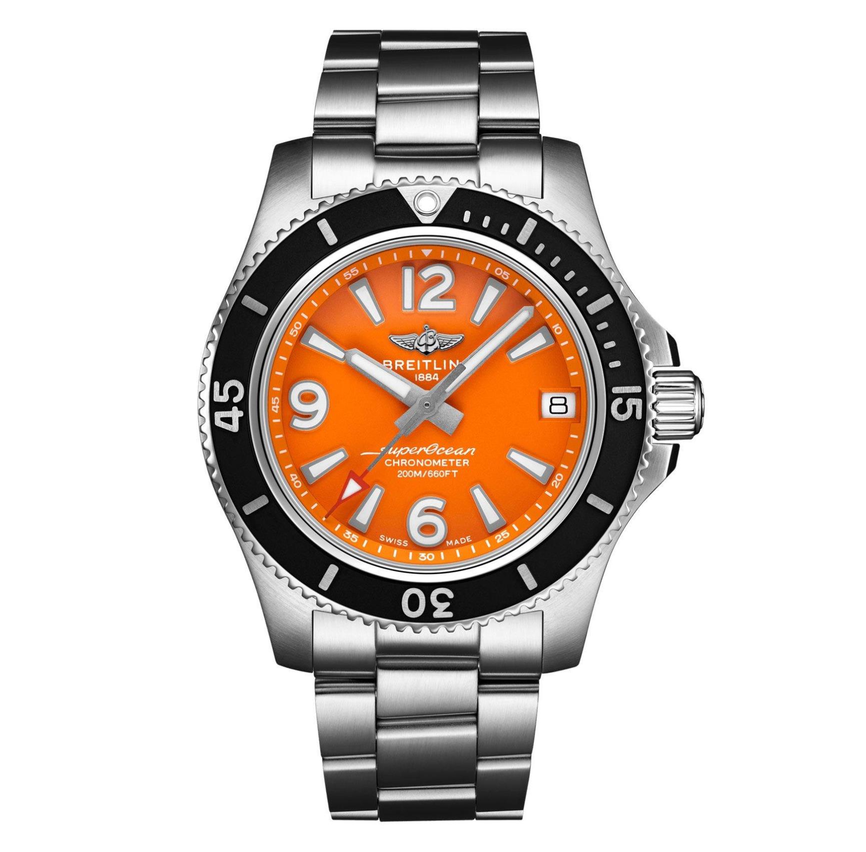The orange dial fake watch has a black bezel.