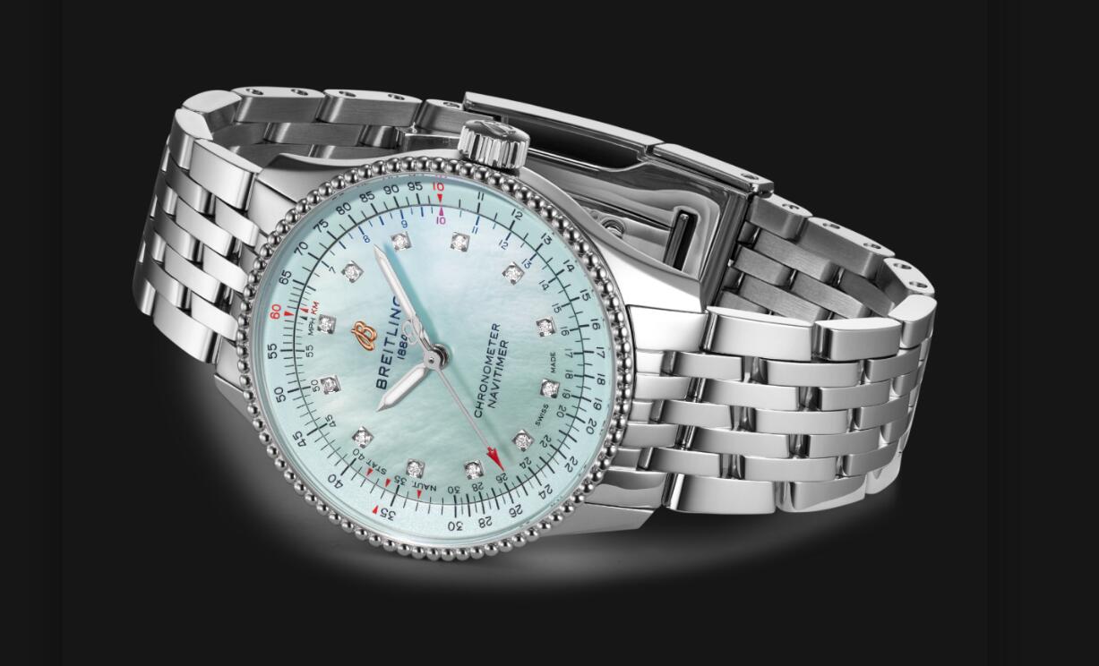 The 35mm fake watch has a light blue dial.